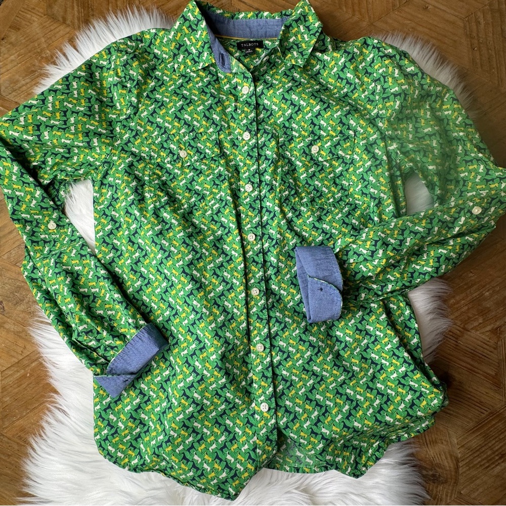 Talbots Novelty horse or equestrian print cotton button down shirt size 8